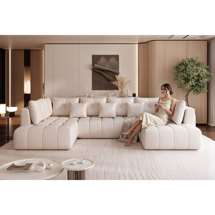 Stone - Canapé d'angle convertible 7 places chenille beige - Vue supplémentaire 2