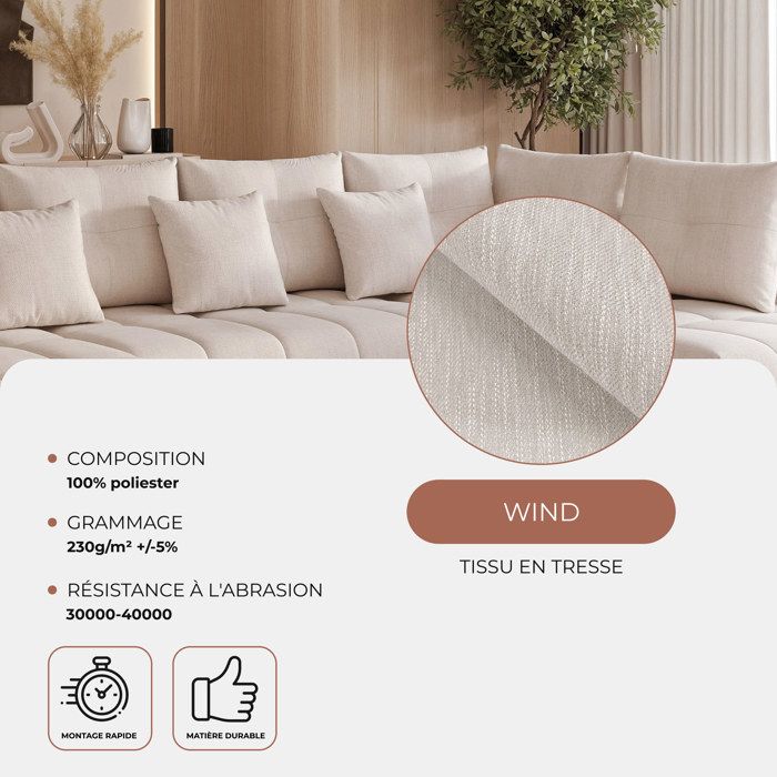Stone - Canapé d'angle convertible 7 places chenille beige - Vue supplémentaire 3