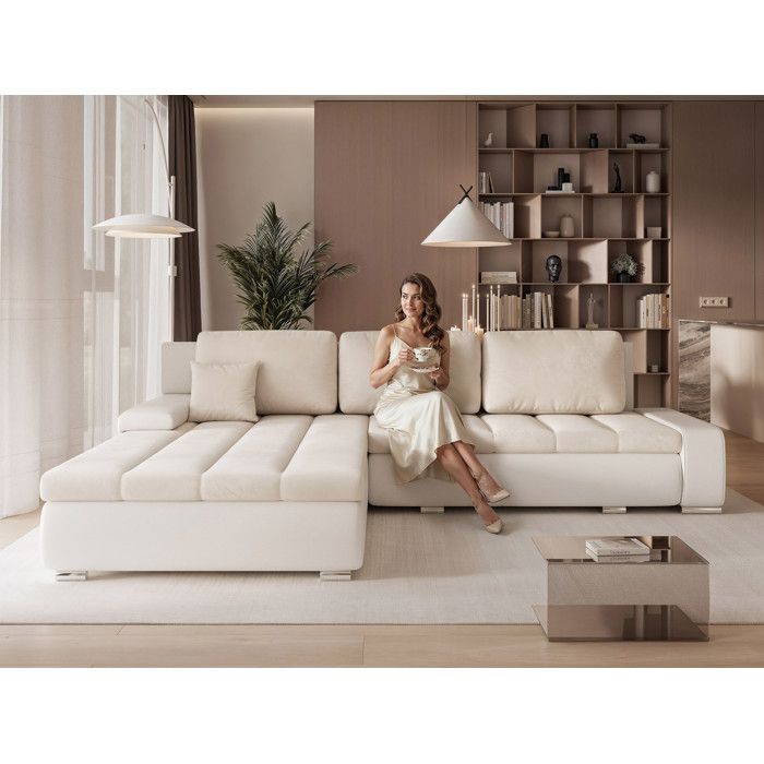 Canapé d'angle Réversible VELANO - 5 places - Convertible avec Coffre - Tissu avec Reflets Subtils - Crème / Beige