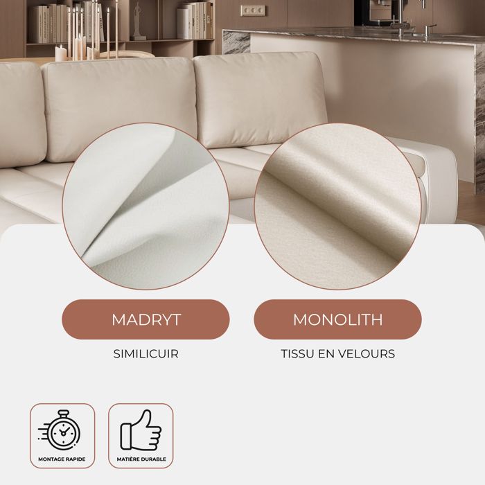 Velano - Canapé d'angle convertible 5 places tissu beige - Vue supplémentaire 3