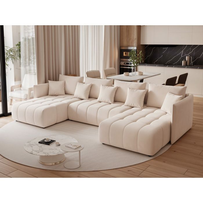 Olimpia - Canapé panoramique convertible 7 places velours beige - Vue supplémentaire 1