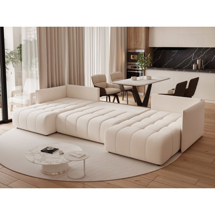 Olimpia - Canapé panoramique convertible 7 places velours beige - Vue supplémentaire 2