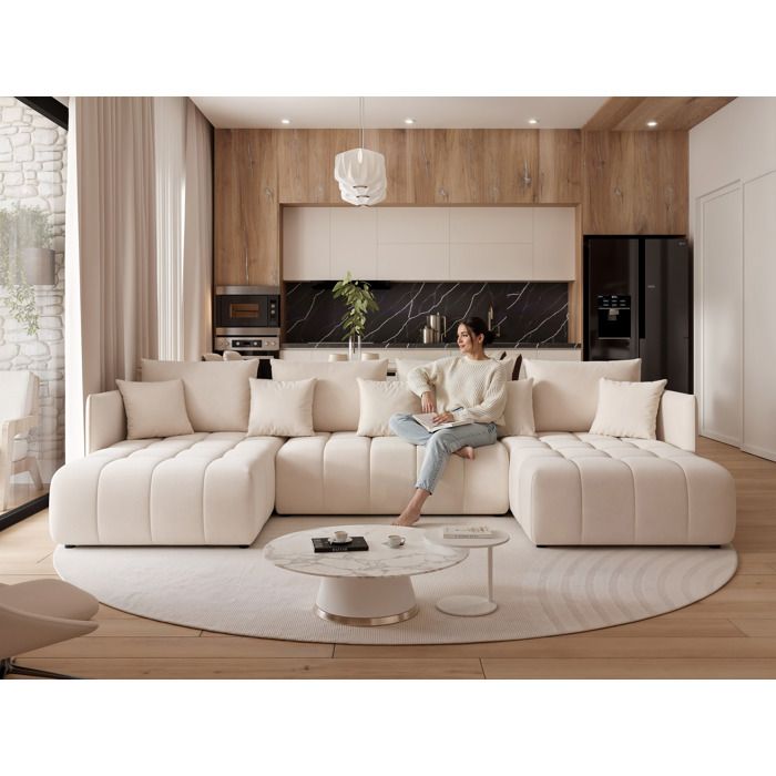 Canapé Panoramique OLIMPIA - 7 places - Convertible avec Coffre - Tissu Velours - Crème