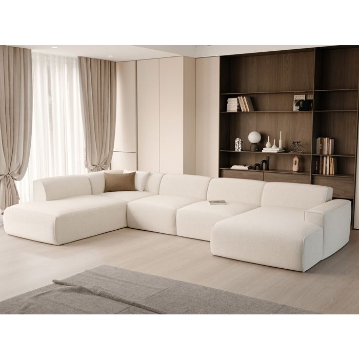 Canapé d'angle Panoramique Gauche DOVE - 6 places - Tissu Chenille - Beige