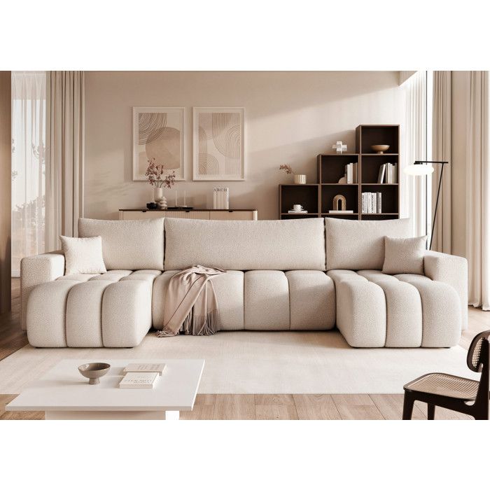 Canapé Panoramique OFI - 6 places - Convertible avec Coffre - Tissu Agréable au Toucher - Beige-gris