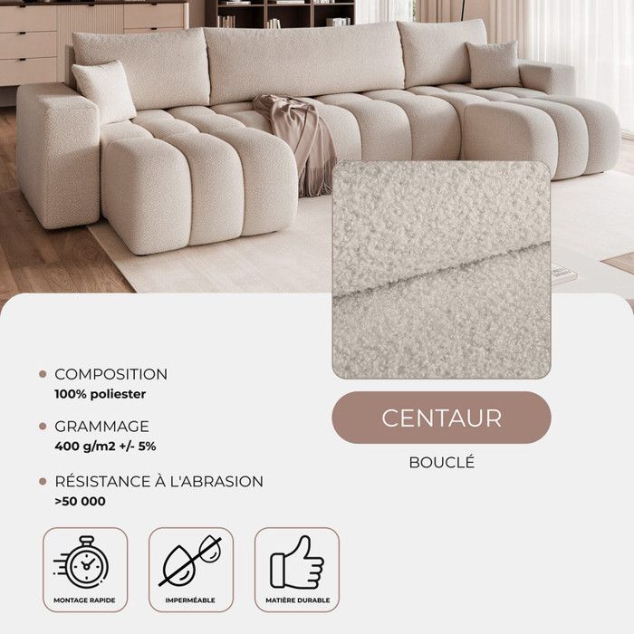 Ofi - Canapé panoramique convertible 6 places tissu beige - Vue supplémentaire 3