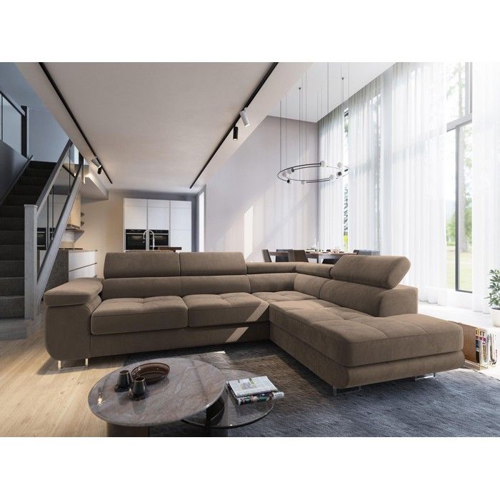 Canapé d'angle SELVA, Canape Convertible - Droit - Angle - 5 places - 277x202x87 cm - Tissu velours MONOLITH 09 - Beige
