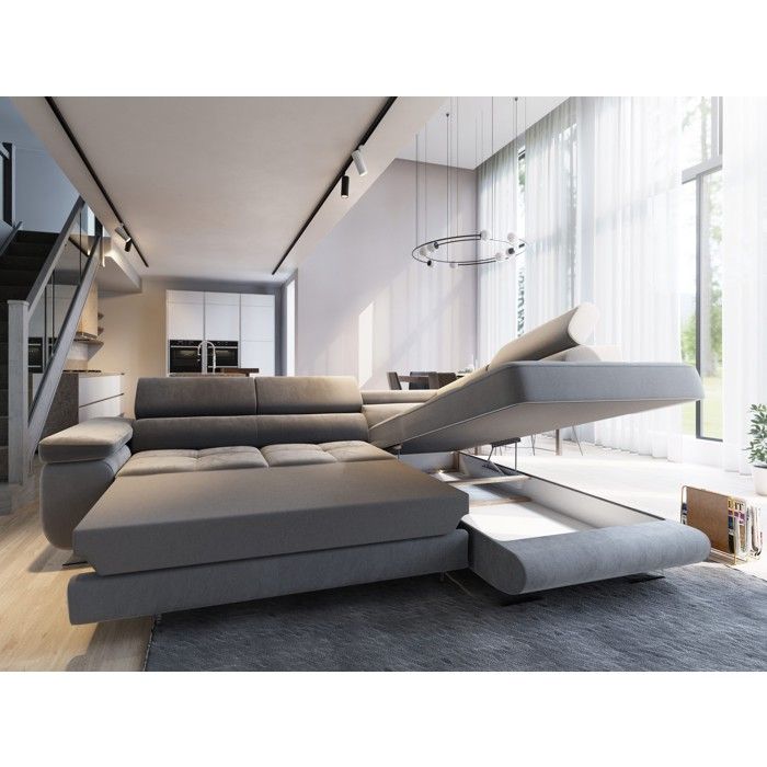 Selva - Canapé d'angle convertible droit 5 places velours beige - Vue supplémentaire 2