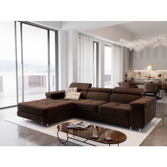 Canapé d'angle ELMA, Canape Convertible - Gauche - Angle - 3 places - 280x205x90 cm - Tissu velours MONOLITH 29 - Marron