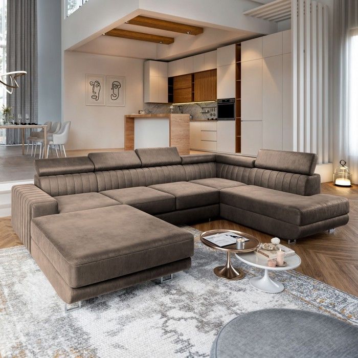 Canapé d'angle SIENA, Canape Convertible - Droit - U - 5 places - 335x190x89 cm - Tissu velours MONOLITH 09 - Beige