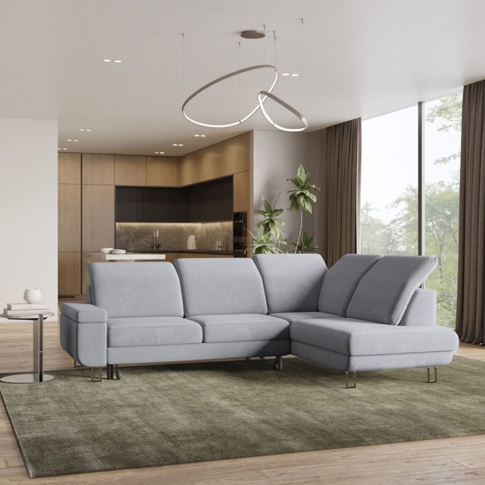 Canapé d'angle LERMA, Canape Convertible - Droit - Angle - 3 places - 253x190x88 cm - Tissu velours MONOLITH 84 - Gris