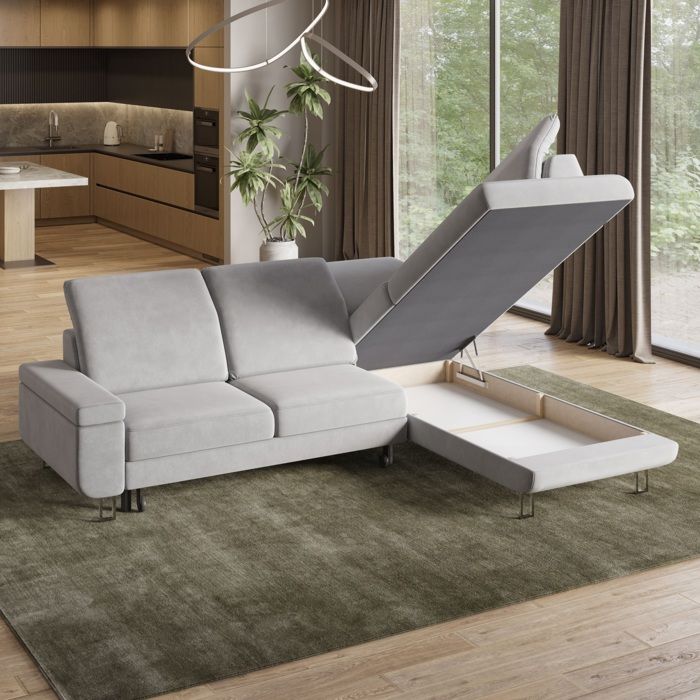 Lerma - Canapé d'angle convertible droit 3 places velours gris - Vue supplémentaire 2