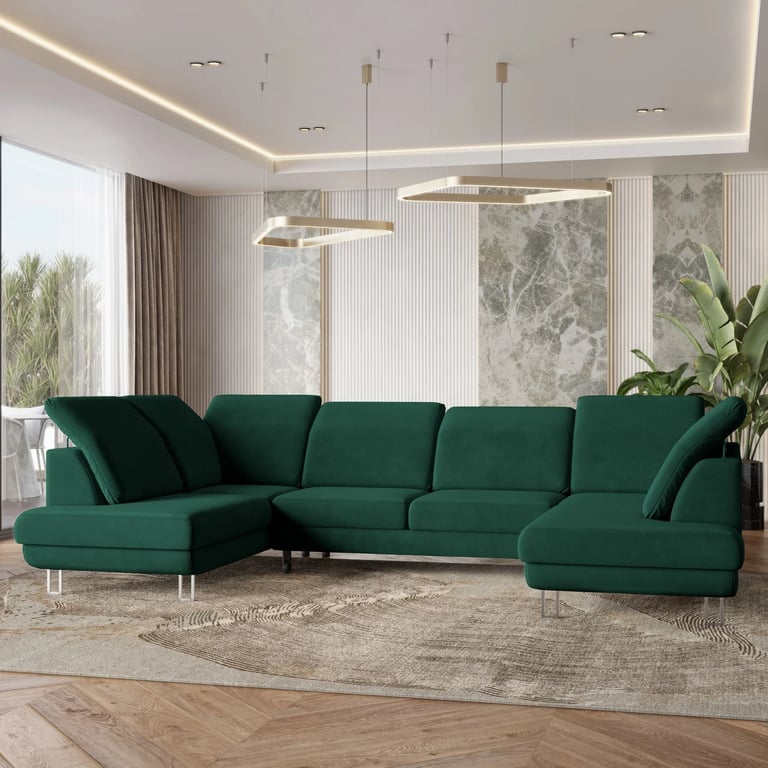 Canapé d'angle TERAMO, Canape Convertible - U - 5 places - 316x193x88 cm - Tissu velours MONOLITH 37 - Vert