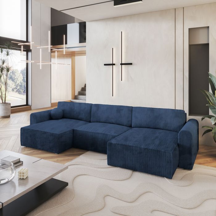 Canapé d'angle FENTO, Canape Convertible - U - 5 places - 347x148x90 cm - Velours côtelé POSO 05 - Bleu