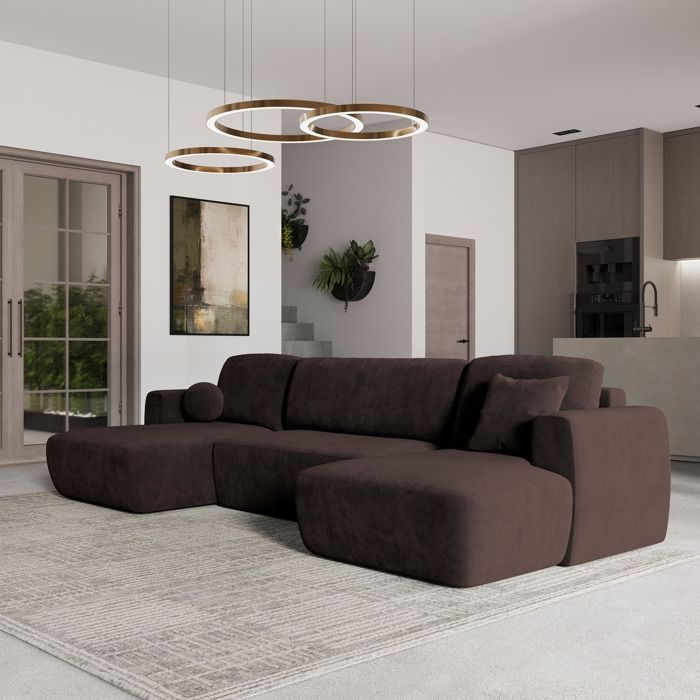 Canapé d'angle SENTUM, Canape Convertible - U - 5 places - 330x148x90 cm - Tissu peluche KRONOS 06 - Marron