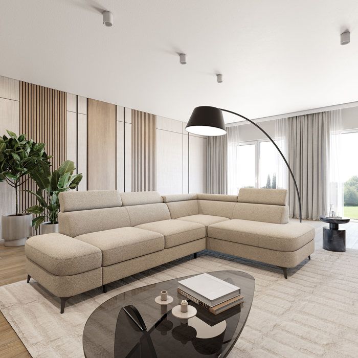 Canapé d'angle AVISE, Canape Convertible - Droit - Angle - 5 places - 268x195x89 cm - Tissu bouclette QUELLE 05 - Beige
