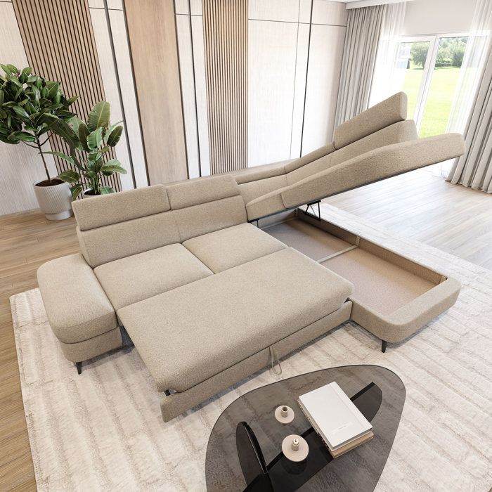 Avise - Canapé d'angle convertible droit 5 places tissu bouclette beige - Vue supplémentaire 2