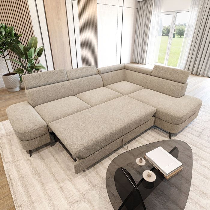 Avise - Canapé d'angle convertible droit 5 places tissu bouclette beige - Vue supplémentaire 3