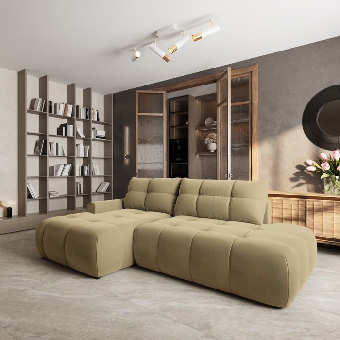 Canapé d'angle FLUMA, Canape Convertible - Gauche - Angle - 4 places - 279x158x94 cm - Tissu velours CASTEL 48 - Jaune