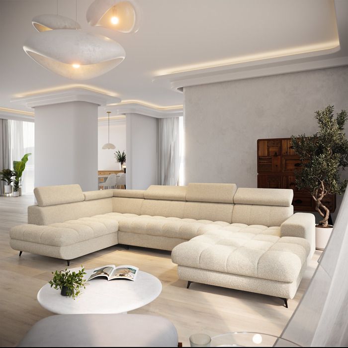 Canapé d'angle CORENO, Canape Convertible - Gauche - U - 6 places - 345x190x88 cm - Tissu bouclette QUELLE 02 - Beige