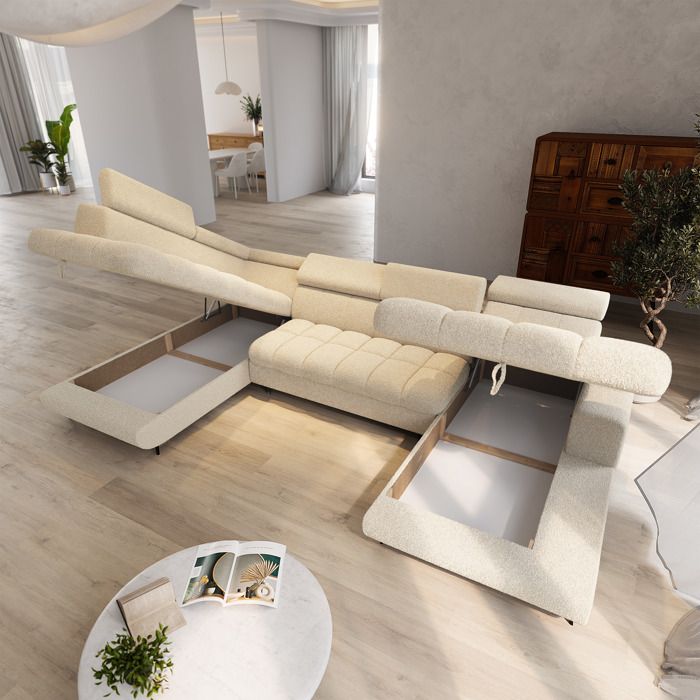Coreno - Canapé panoramique convertible gauche 6 places tissu bouclette beige - Vue supplémentaire 2