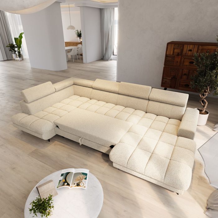 Coreno - Canapé panoramique convertible gauche 6 places tissu bouclette beige - Vue supplémentaire 3