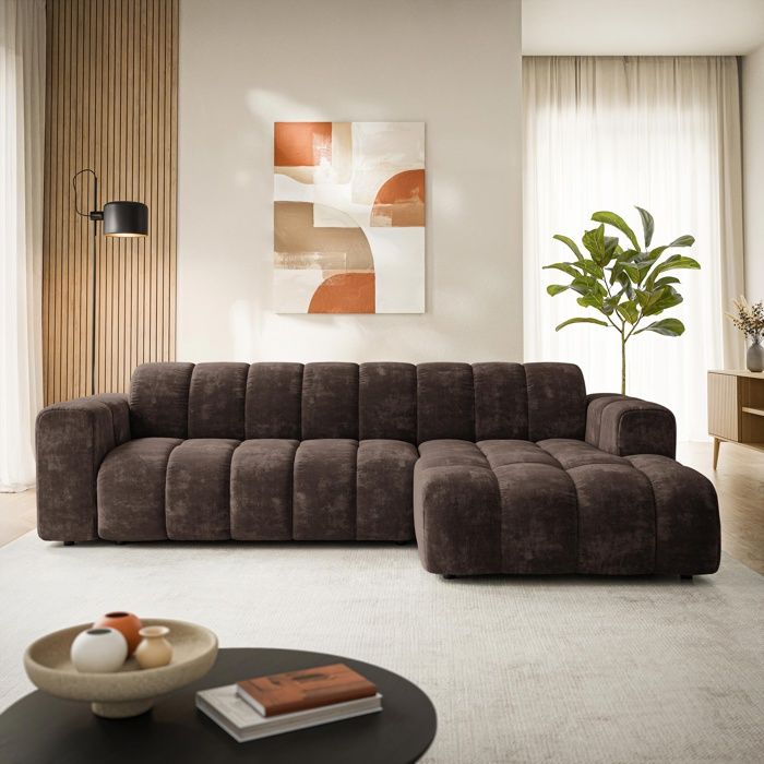 Canapé d'angle SETIA, Canape Convertible - Droit - Angle - 4 places - 304x165x85 cm - Tissu chenille LUMO 40 - Marron