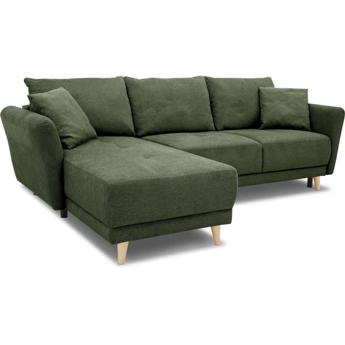 Canapé d'angle convertible réversible 3-4 places CLAUDIUS - Tissu Vert Olive - Coffre de rangement - L 244 x P 158 x H 95 cm - Vue supplémentaire 1