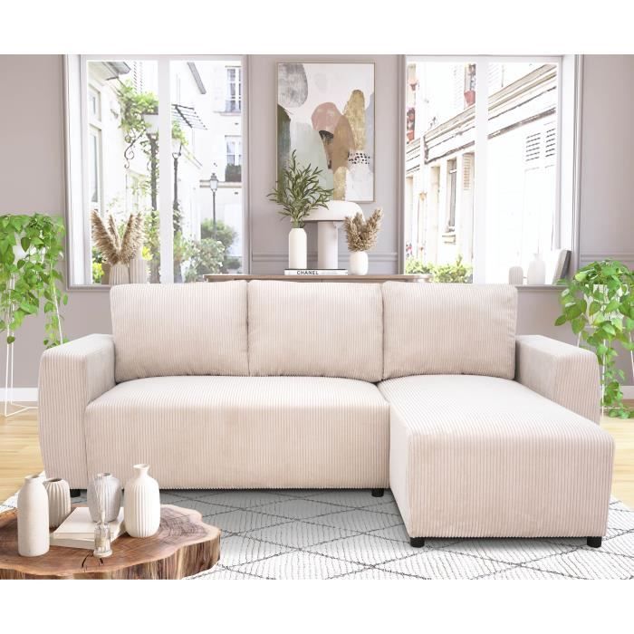 Produit similaire: Canapé d'angle convertible réversible 3-4 places PHARELL - Velours côtelé beige - Coffre de rangement - L 230x P 155 x H 95 cm