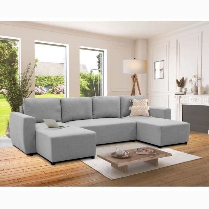 Produit similaire: Canapé d'angle convertible panoramique PHARELL 5/6 places - Tissu souris - Coffre de rangement - L297 x P155 x H85 cm