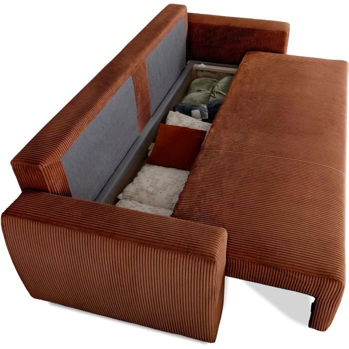 Canapé convertible - 3 places - PHARELL - Tissu Velours côtelé Terracotta - Coffre - 231 x 84 x 91 cm - Vue supplémentaire 2
