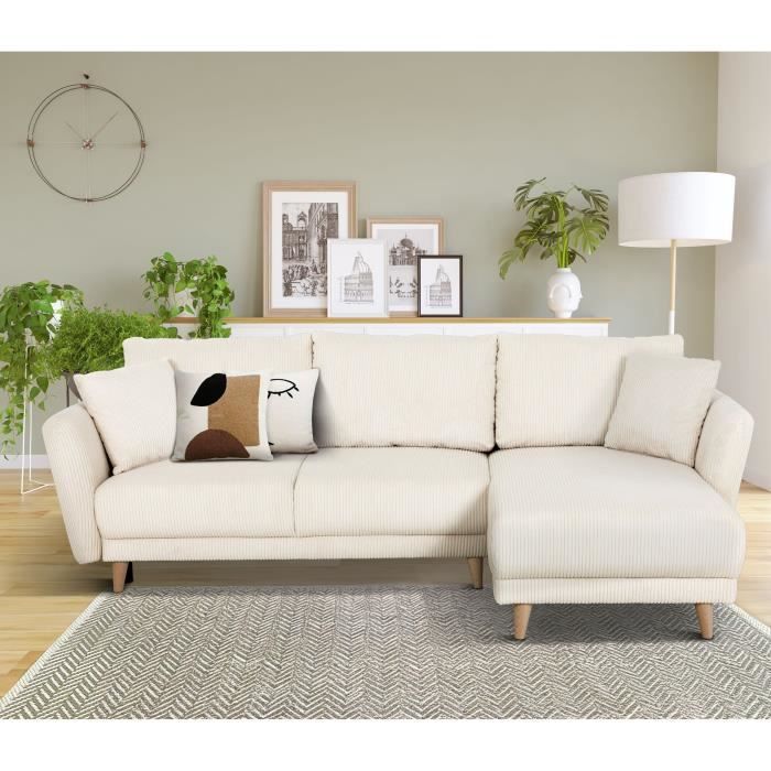 Canapé d'angle convertible réversible - 3 / 4 places - CLAUDIUS - Tissu Lincoln Pearl - Coffre - 244 x 158 x 86 cm