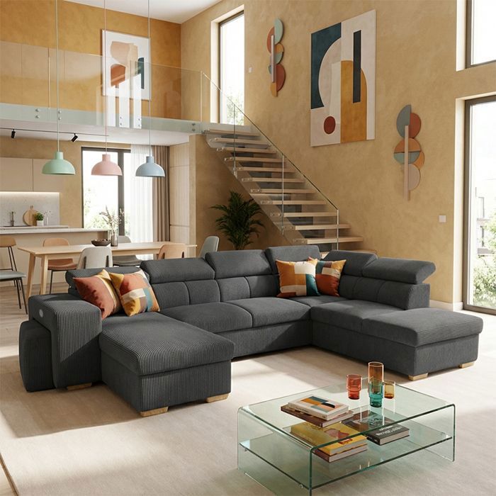 SIRIUS Canapé d'angle panoramique convertible Gris ANTHRACITE (velours côtelé ) - Taille XL - 6 places - 334 x 219 x 94