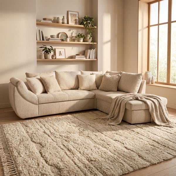 Calvin - Canapé d'angle convertible 4 places chenille beige