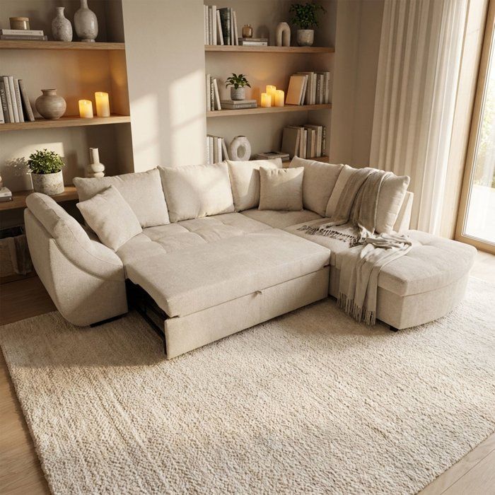 Calvin - Canapé d'angle convertible 4 places chenille beige - Vue supplémentaire 2