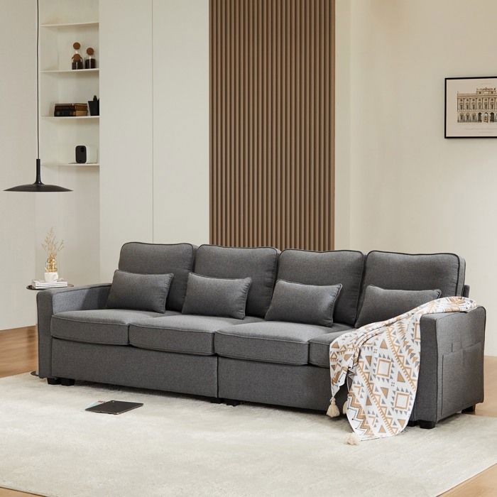 Canapé 4 Places Moderne en Tissu de Lin,avec Poches accoudoirs et 4 Coussins, canapé de Style Simple 264*83*87cm, Gris foncé - Vue supplémentaire 1