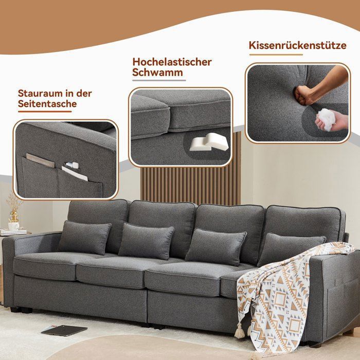 Canapé 4 Places Moderne en Tissu de Lin,avec Poches accoudoirs et 4 Coussins, canapé de Style Simple 264*83*87cm, Gris foncé - Vue supplémentaire 2