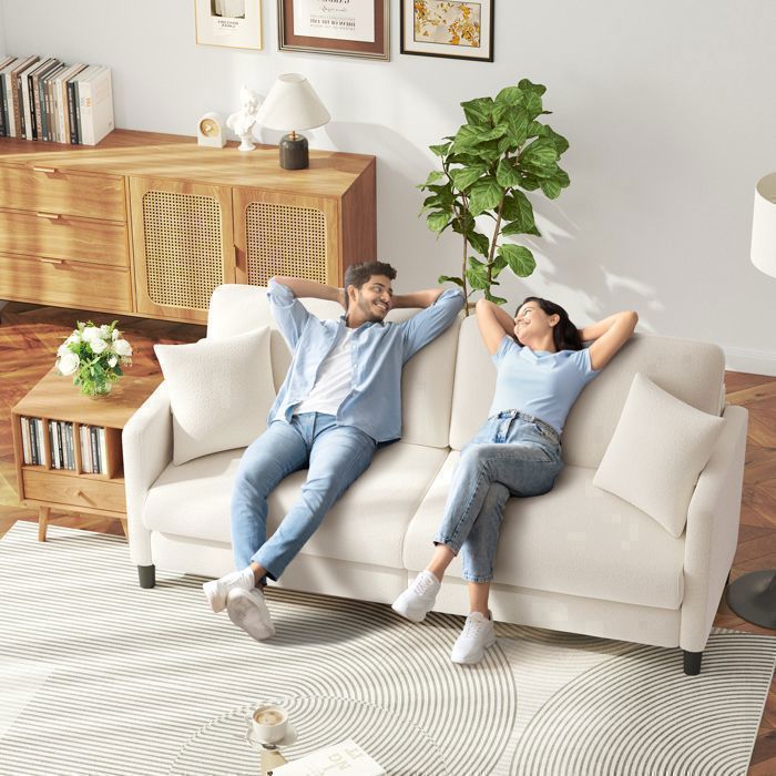 Canapé 3 Places en Velours Teddy Beige pour salon,Canapé Moderne Scandinave avec trois coussins,pieds en bois,193×78×85CM - Vue supplémentaire 2