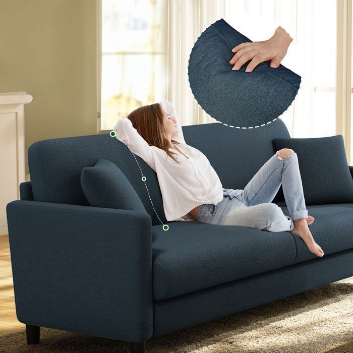 Canapé 2 Places en Velours Teddy Bleu Gris pour Salon,Canapé Scandinave avec 2 coussins comfortable,pieds en bois,165×78×85CM - Vue supplémentaire 3