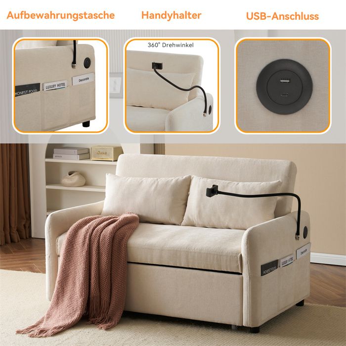 Produit similaire: Canapé-lit Convertible 2 Places,canapé moderne avec dossier réglable,support pour téléphone portable et prise USB,Beige