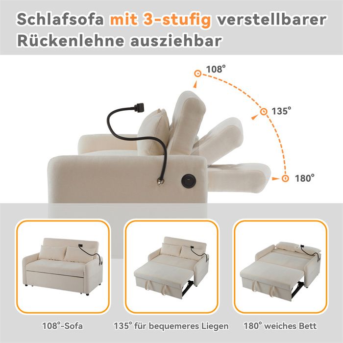 Canapé-lit Convertible 2 Places,canapé moderne avec dossier réglable,support pour téléphone portable et prise USB,Beige - Vue supplémentaire 3