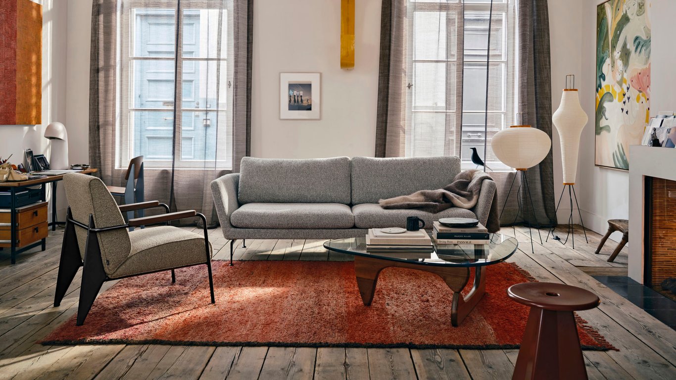 Vitra Canapé 2 places Suita - noir basique enduit de poudre - Dumet mélange rouge - Coussin de dossier classique