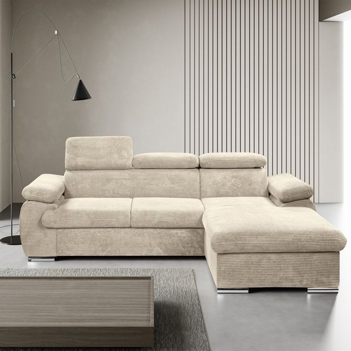 Produit similaire: Canapé d'angle coté droit convertible velours côtelé beige avec têtières - KOST