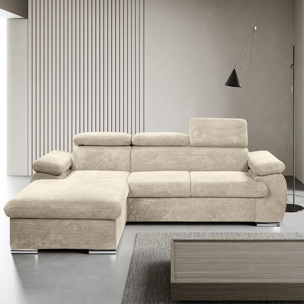 Canapé d'angle coté gauche convertible velours côtelé beige avec têtières - KOST