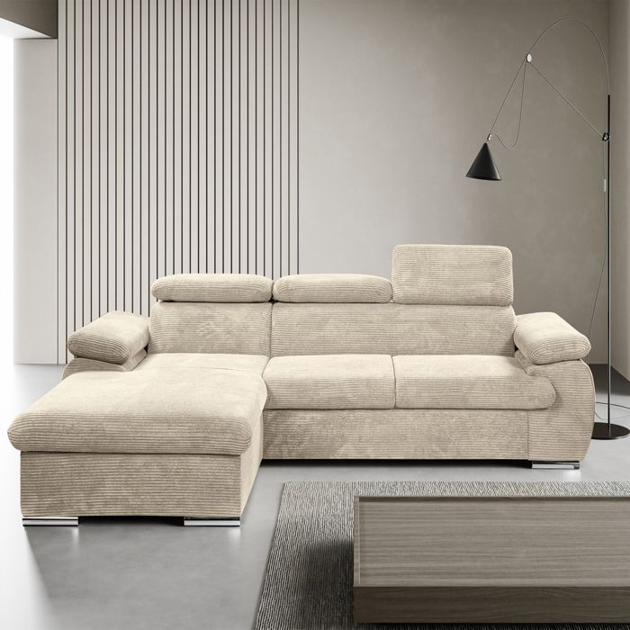 Produit similaire: Canapé d'angle coté gauche convertible velours côtelé beige avec têtières - KOST