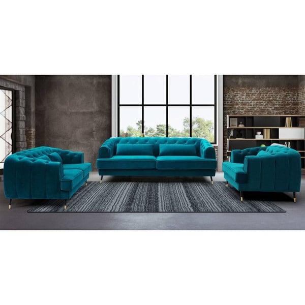 Canapé Glams capitonné 3 places style boudoir Velours Bleu canard