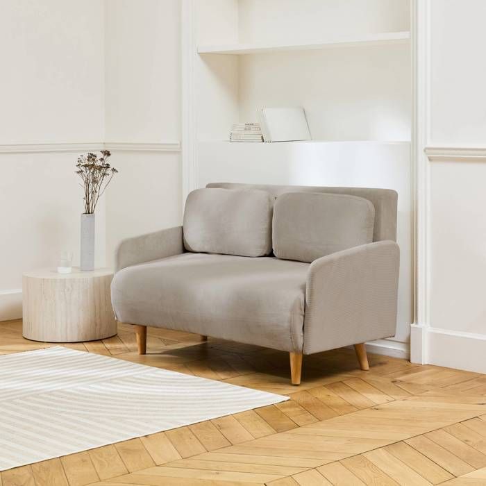 Produit similaire: Canapé convertible 2 places scandinave velours côtelé beige - Panam - pieds bois. banquette. dossier inclinable
