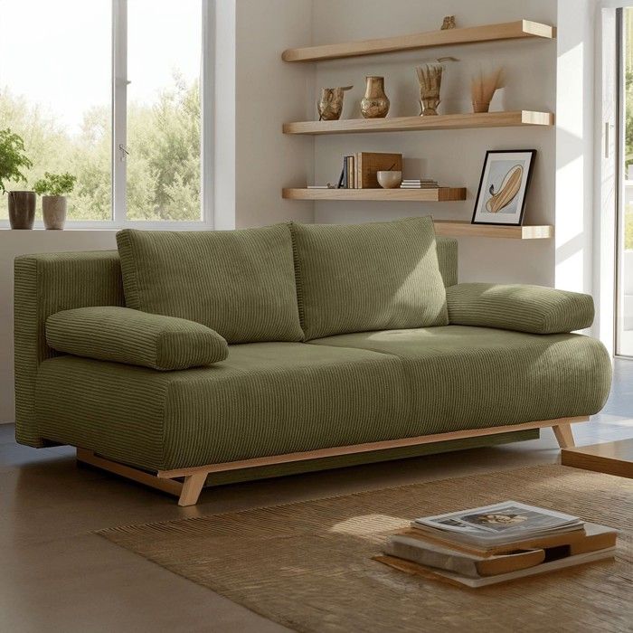 Produit similaire: Canapé convertible 3 places avec coffre de rangement en velours côtelé vert kaki - Laria