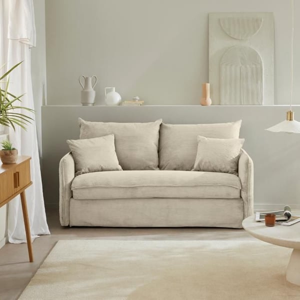 Canapé convertible 3 places en tissu velours côtelé L185 cm - 185 cm X 104 cm X 90 cm - MIKA - Ecru