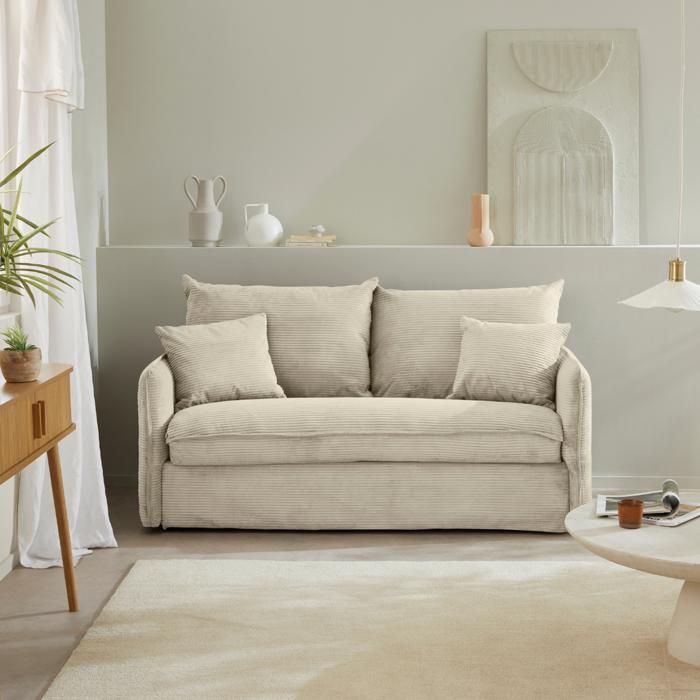 Produit similaire: Canapé convertible 3 places en tissu velours côtelé L185 cm - 185 cm X 104 cm X 90 cm - MIKA - Ecru